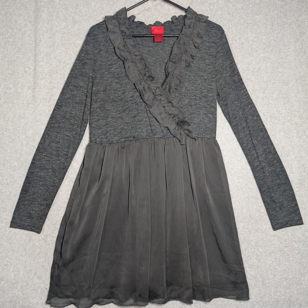 V Cristina Womens Gray Mini Dress Large Mixed Media Whismigoth Romantic Chiffon